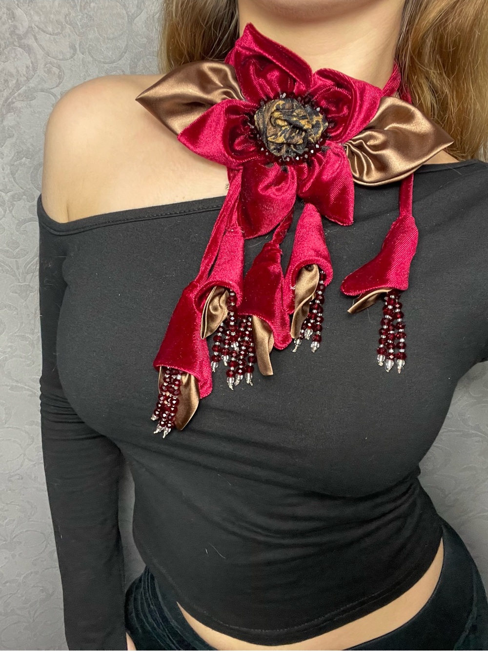 Boutique Velvet Flower Statement Choker Necklace Burgundy & chocolate
